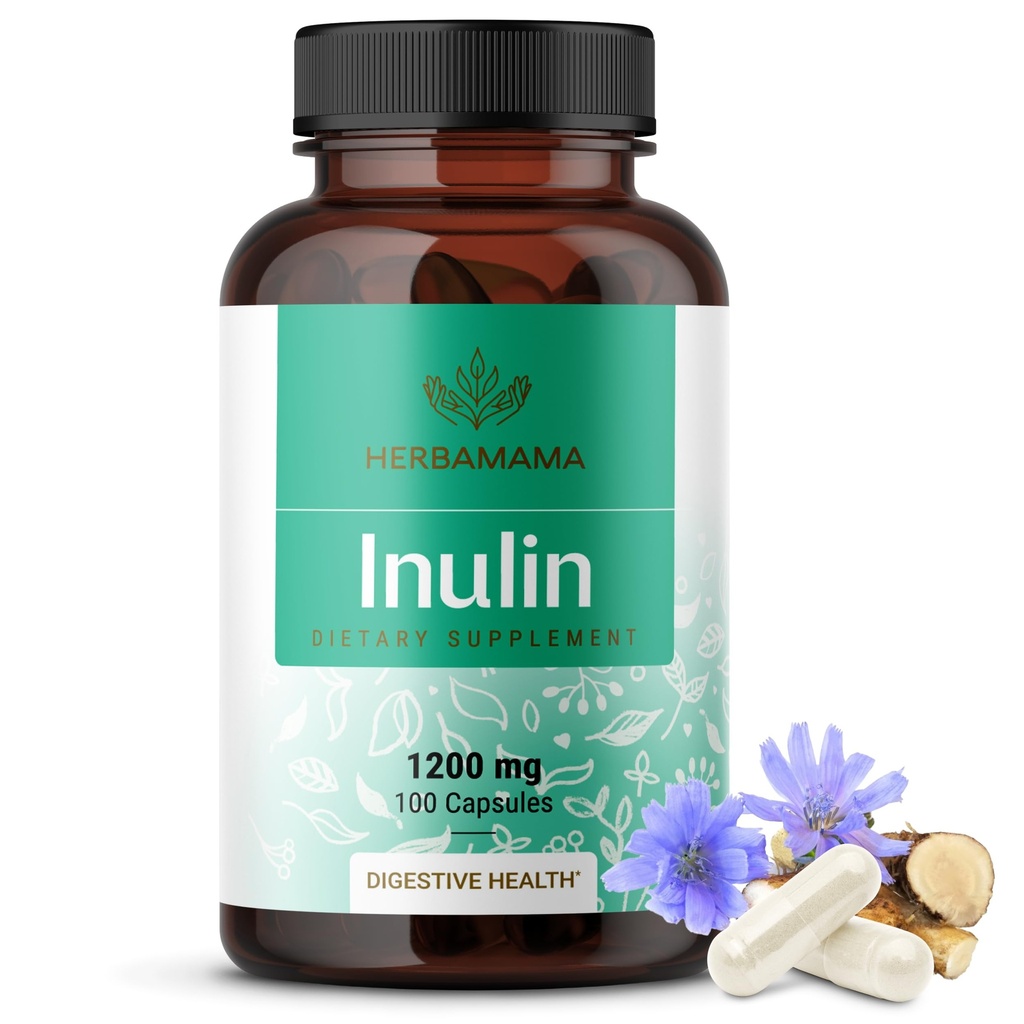 HERBAMAMA Inulin Powder Capsules 1200mg - Digestive Support & Gut Cleanse with Inulin Prebiotic Fiber - Vegan, Non-GMO Chicory Root Powder Supplement