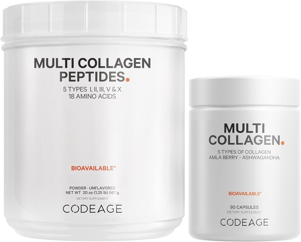 Codeage Multi Collagen Protein Capsules & Multi Collagen Protein Powder Bundle 124; Multi Collagen Pills, Collagen Typer I, II, V & X, 90 Greve Beeg 124; Multi Collagen Peptider - Pure, Hydrolysed, 20 oz