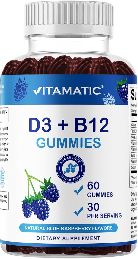 Vitamatic Vitamin D3 + B12 Gummies Made with Folate & Vitamin B6 - Natural Blue Raspberry Flavor – 60 Gummies – Made in the USA