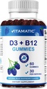 Vitamatic Vitamin D3 + B12 Gummies Made with Folate & Vitamin B6 - Natural Blue Raspberry Flavor – 60 Gummies – Made in the USA