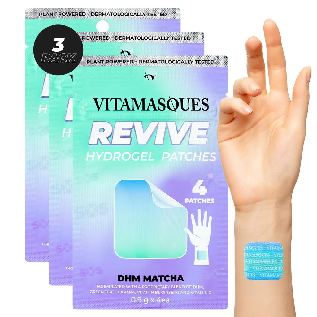 Vitamasques Recovery Patch, Reviveme Wellness Hydrogel Patch (3-Pack) - Revive Vitamin Patches with DHM, Green Tea, Guarana, & Vitamin B1 - Korean Skin Care Energy Patches for Adults