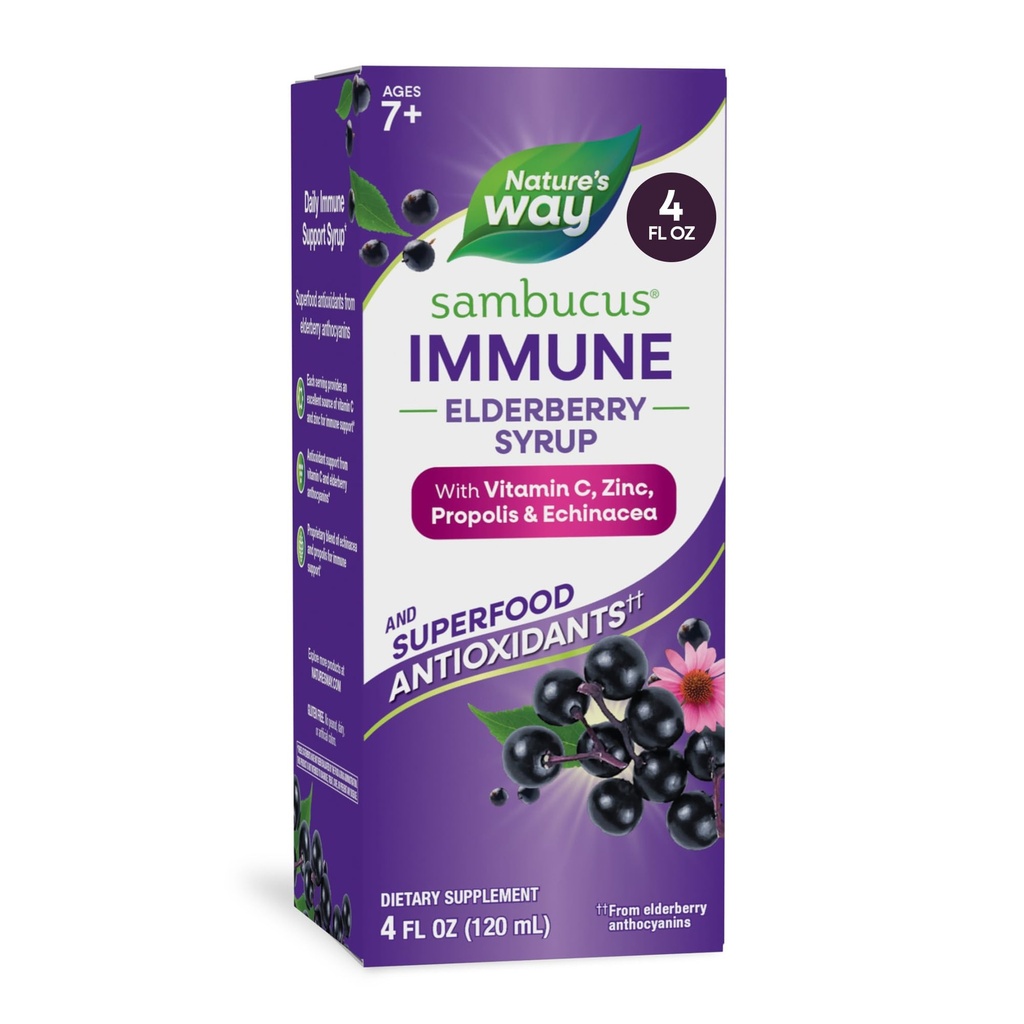 Nature 's Way Sambucus Elderberry Immunsyrup, Elderberry ekstrakt C-vitamin og zink med Propolis & Echinacea til immunstøtte *, Gluten Free, Vegetar, 4 Fl Oz