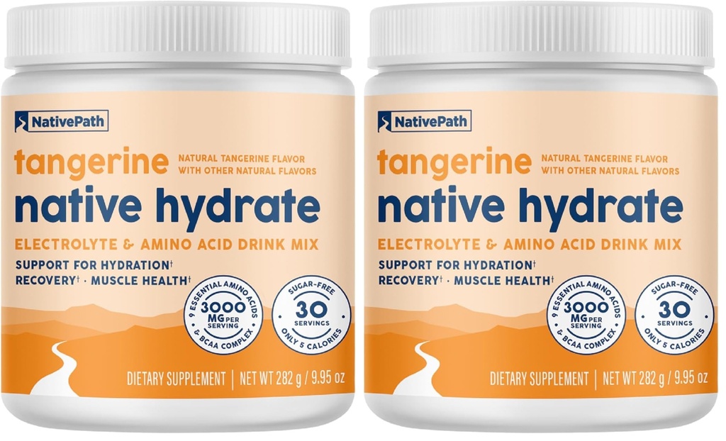 NativePath Native Hydrate, Zero Sugar, Electrolytes Powder with BCAAs, Tangerine Hydration, Keto & Paleo Friendly, 30 Servings (Pack of 2)
