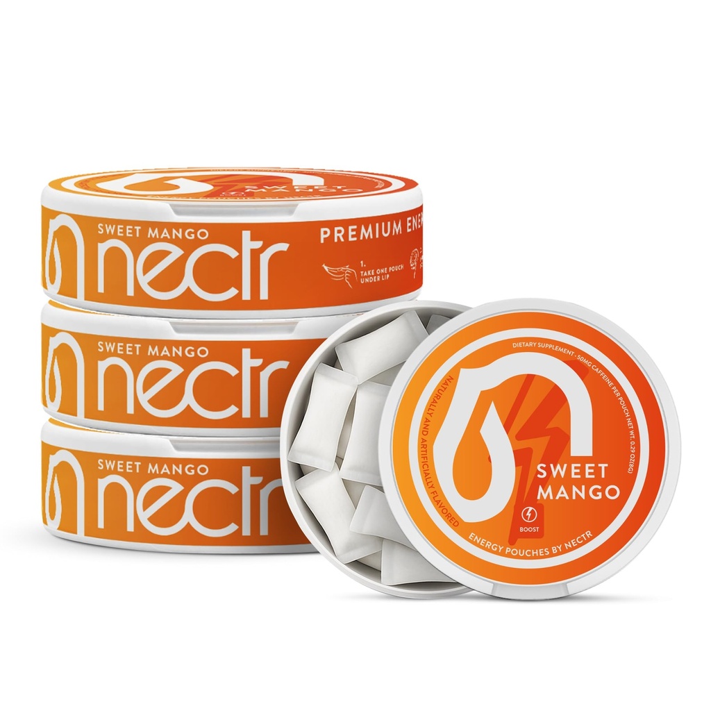 Nectr Energy 50mg Caffeine Pouches - Sweet Mango Flavored, Sugar-Free Brain Treats. 20x Mini Nicotine-Free Pouches Per Puck. Fast Focus & Energy Supplement - 4 Pack
