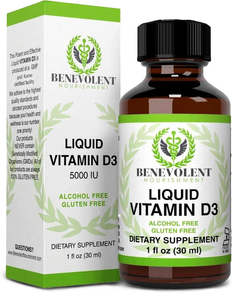 Benevolent Nourisation Vitamin D3 Drops 5000 IE - Potent & Effektiv 1000 IE per dråbe - Hurtig Absorbing Flydende Kosttilskud - 100% Alkohol & Gluten Free