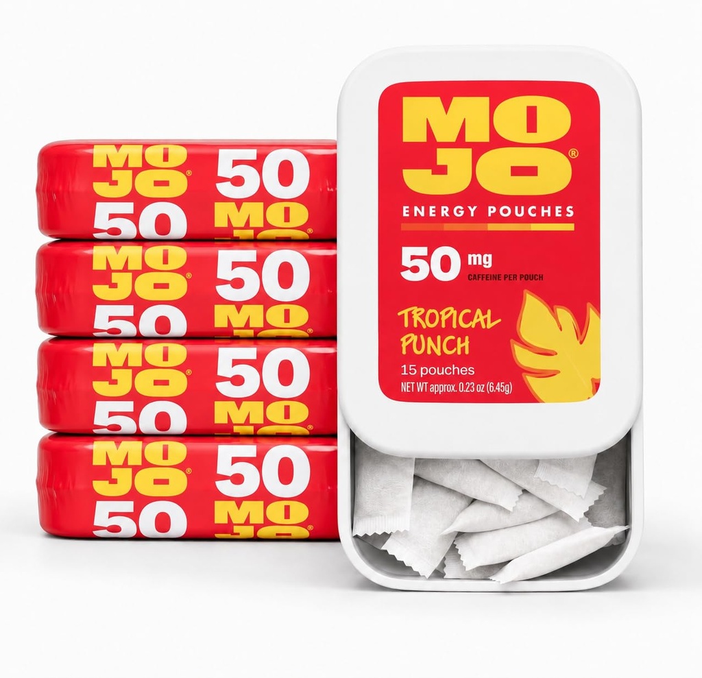 MOJO Energy 50mg Caffeine Pouches, Tropical Punch, 15 Pouches, 5-Pack