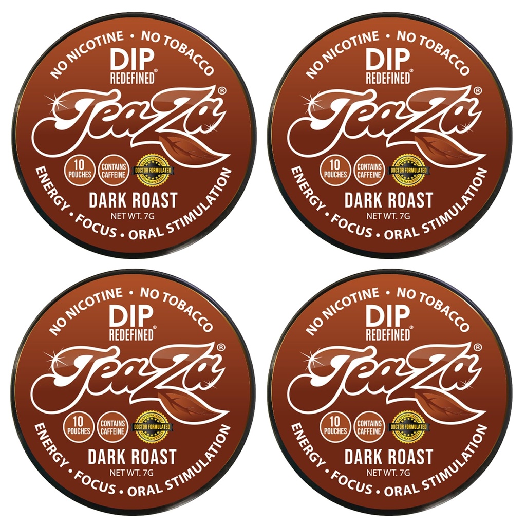 TeaZA Herbal Dip Dark Roast Pouches -Nicotine Free, Tobacco Free - Made with Green Tea Caffeine Energy Pouches (4 Pack)