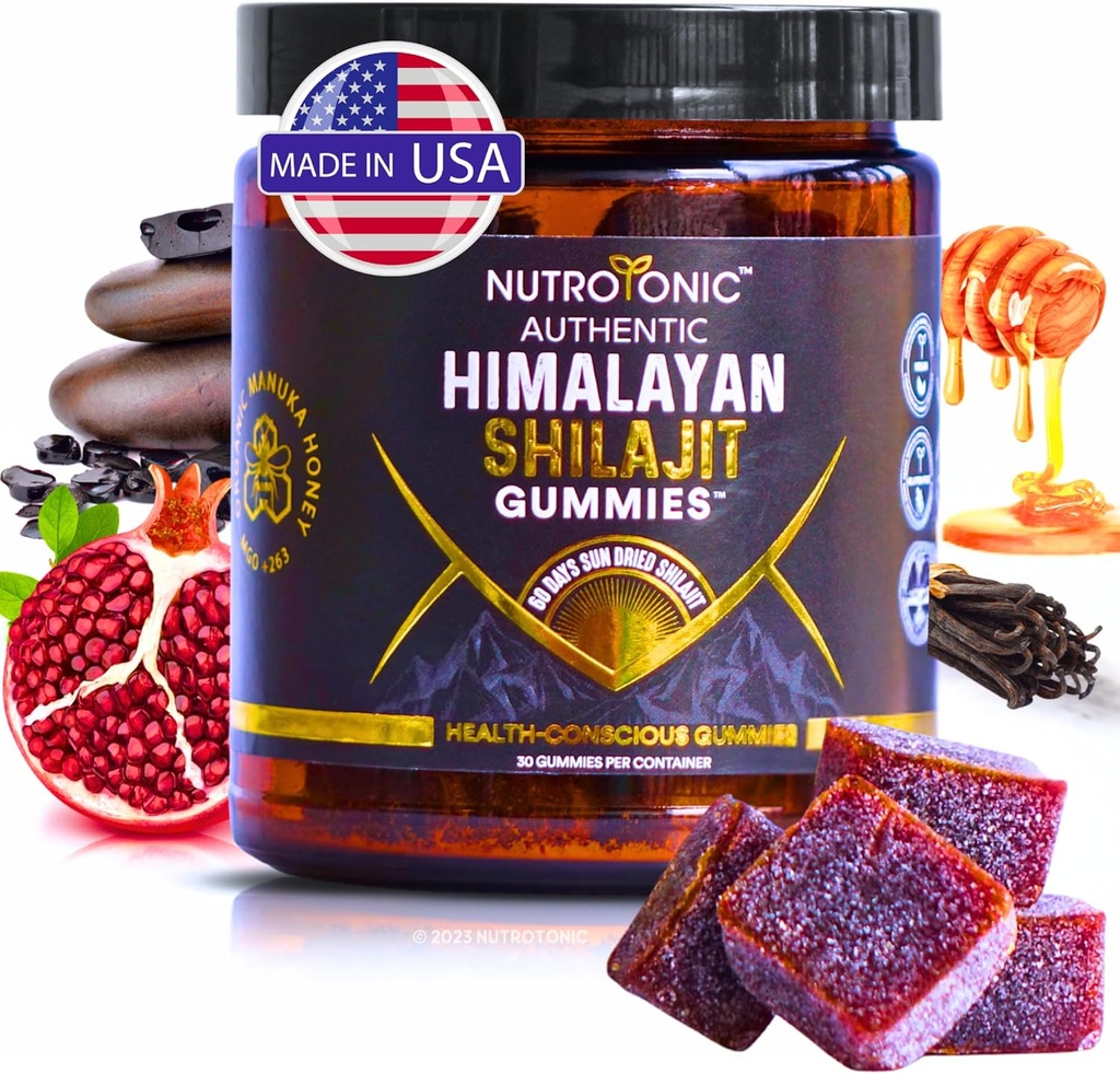 NutroTonic® Organic Himalayan Shilajit Gummies – Pomegranate & Vanilla Flavored – Shilajit for Men & Women - Wild Crafted Manuka Honey MGO +263 – Made in USA – 30 Healthy Gummies