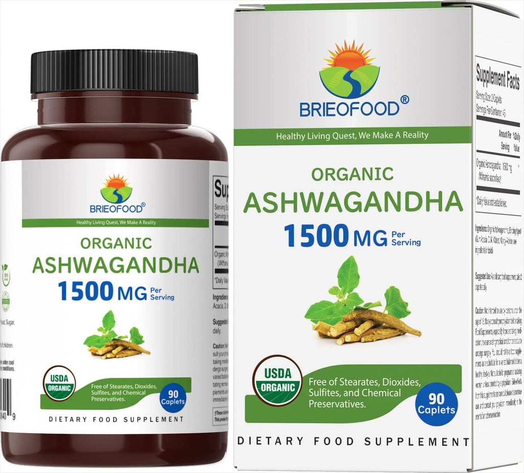 Brieofood Organic Ashwagandha 1500mg, 45 Servering, Vegetarisk, Gluten Free, 90 Vegetariske tabletter