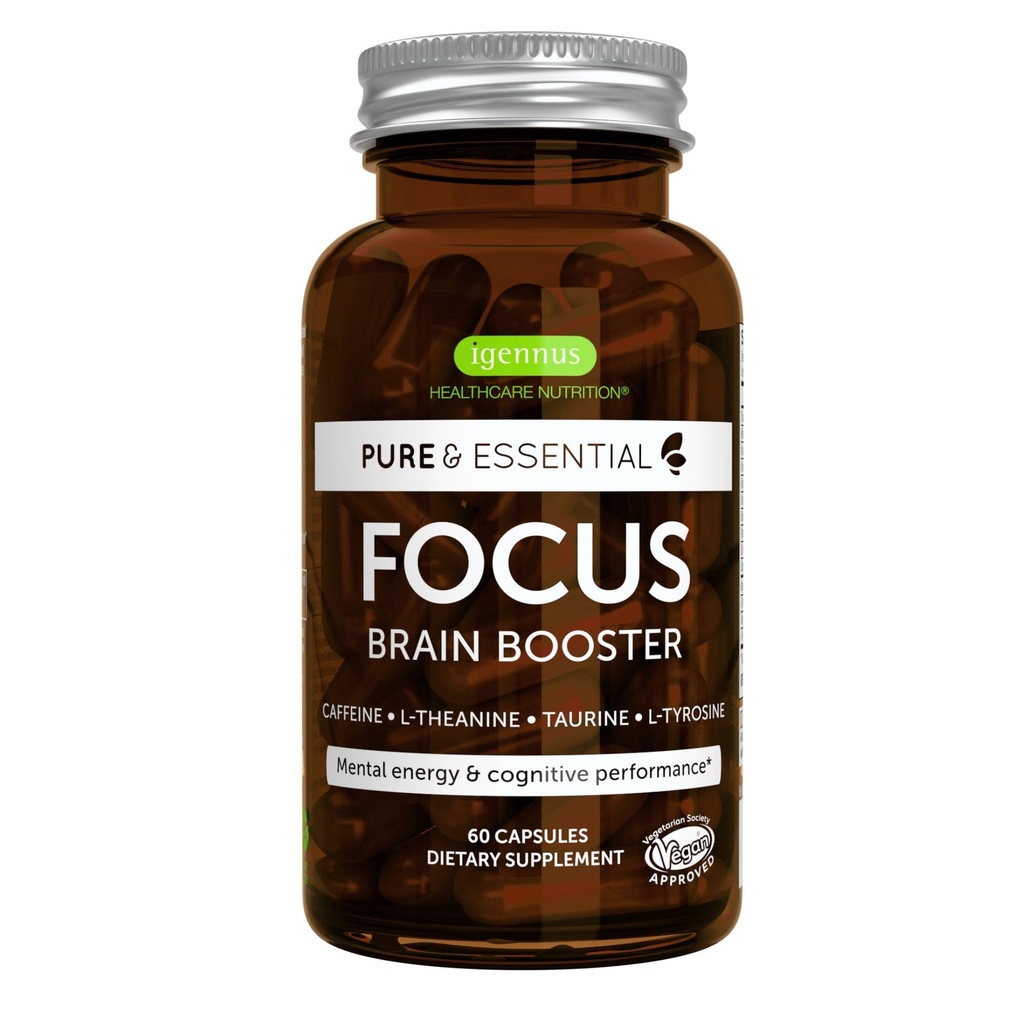 Igennus Focus - Nootrop med 200mg naturlig koffein, Methylerede B-vitaminer, L-Theanin, Taurine, L-Tyrosin, Clean Energy, Brain Booster & Cognitive Performance, Non Jittery, 60 Kapsler