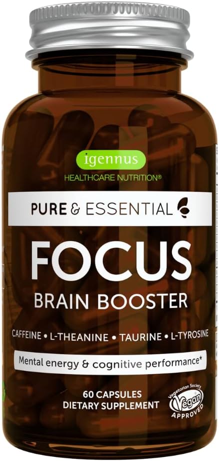 Igennus Focus - Nootropic with 200mg Natural Caffeine, Methylated B Vitamins, L-Theanine, Taurine, L-Tyrosine, Clean Energy, Brain Booster & Cognitive Performance, Non Jittery, 60 Capsules