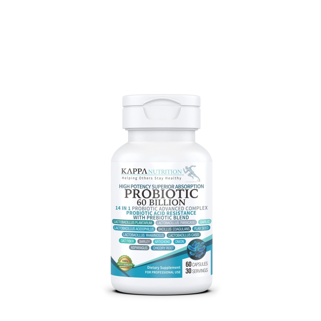 KAPPA NUTRITION Probiotisk 60 milliarder CFU 14 i 1 Formel med Prebiotika & Acidophilus for kvinder, mænd og voksne, Hylde Stabil, Acid resistent, Natural Supplement 60 Kapsler.