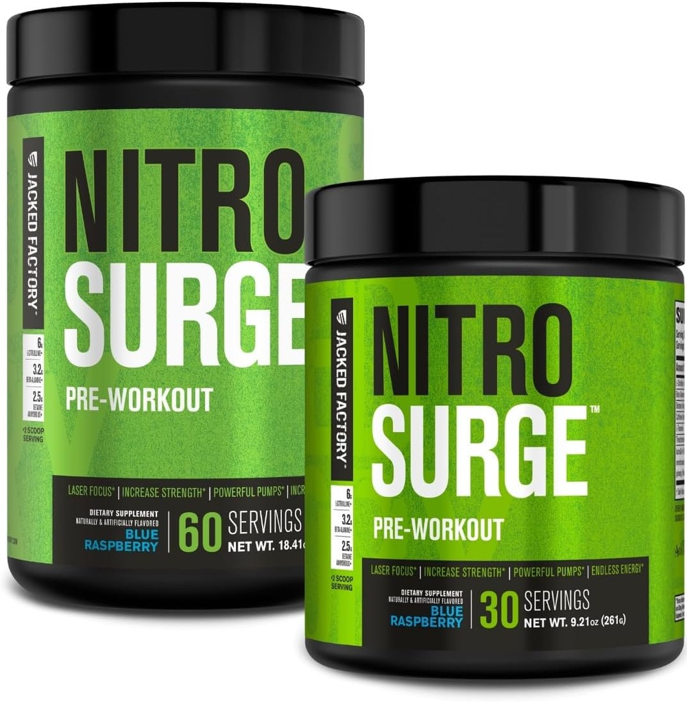 Jacked Factory NITROSURGE Pre Workout Supplement - Energy Booster, Instant Strength Gains, Clear Focus & Intense Pumper - NO Booster & kraftfuld Preworkout Energy Powder - 90 Servering, Blå Hindbær