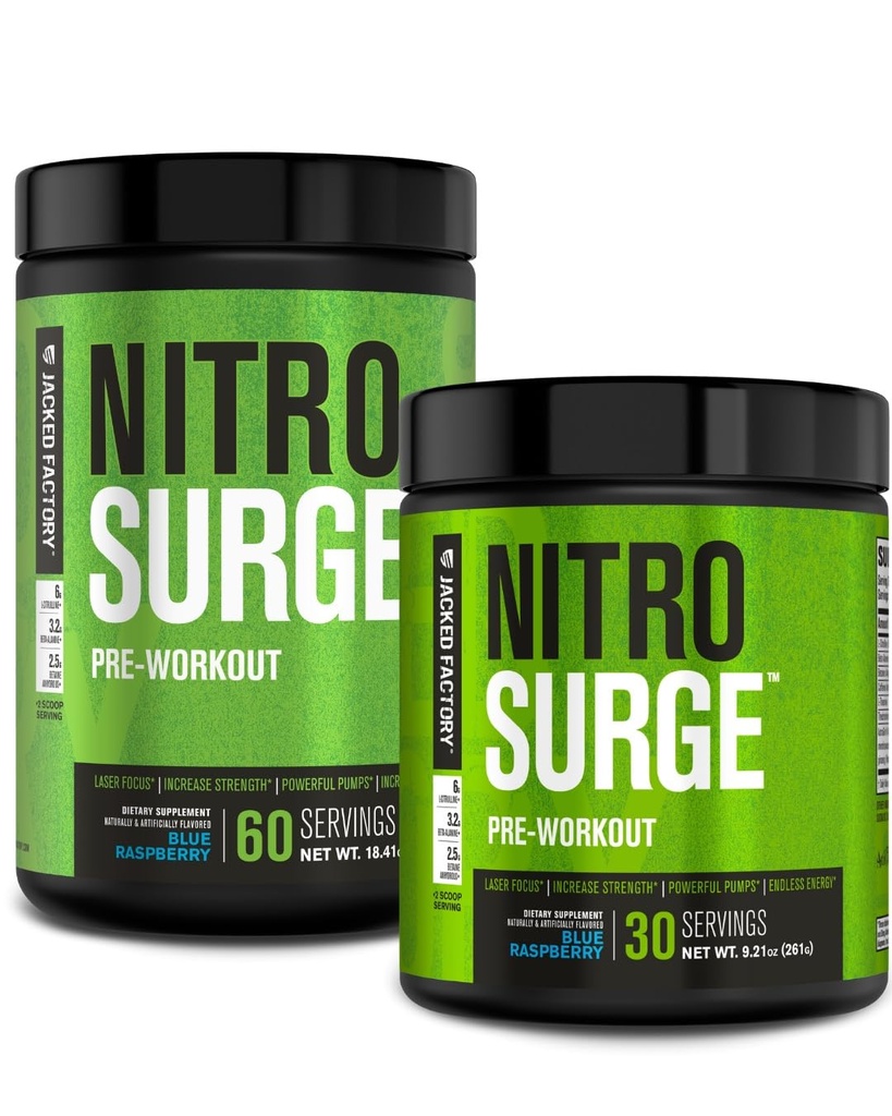 Jacked Factory NITROSURGE Pre Workout Supplement - Energy Booster, Instant Strength Gains, Clear Focus & Intense Pumper - NO Booster & kraftfuld Preworkout Energy Powder - 90 Servering, Blå Hindbær
