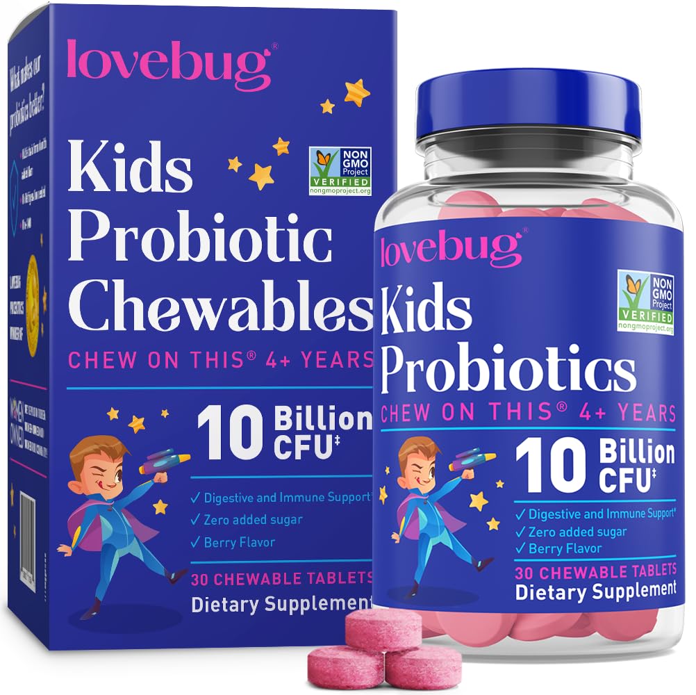 LOVEBUG Probiotika til børn - Probiotiske Chewables med Prebiotic Fiber til alder 4 +, Daglige børns Gut Sundhed & fordøjelsesstøtte supplement, Sugar- Free Berry Flavor, 30 Greve