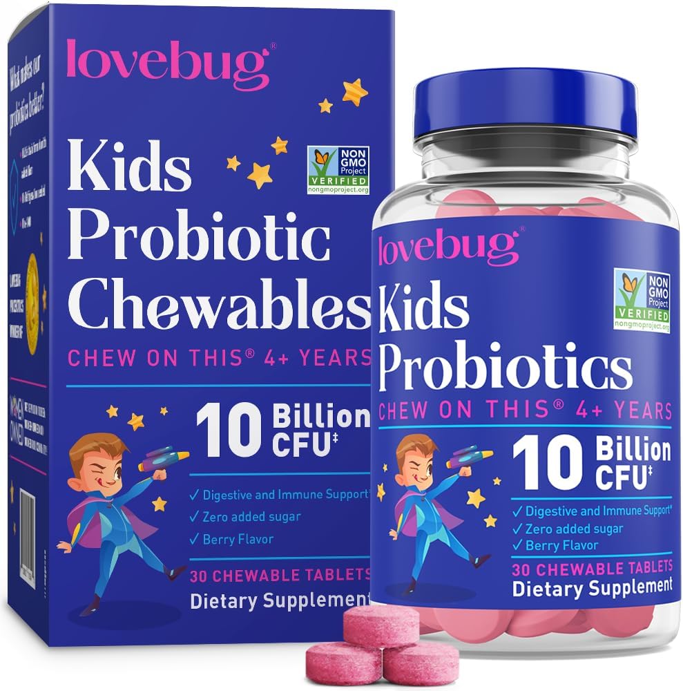 LOVEBUG Probiotika til børn - Probiotiske Chewables med Prebiotic Fiber til alder 4 +, Daglige børns Gut Sundhed & fordøjelsesstøtte supplement, Sugar- Free Berry Flavor, 30 Greve
