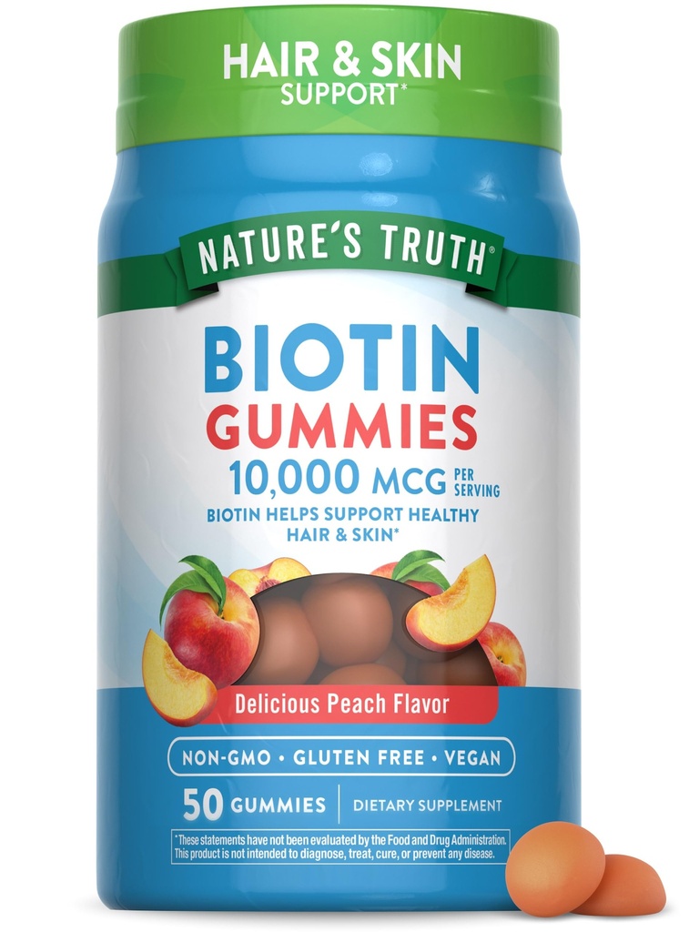 Nature 's Truth Biotin Gummies Yeap 124; 10000mcg Yeap 124; 50 Greve 124; Vegan, Non- GMO & Gluten Free Supplement Meap 124; Peach Flavor