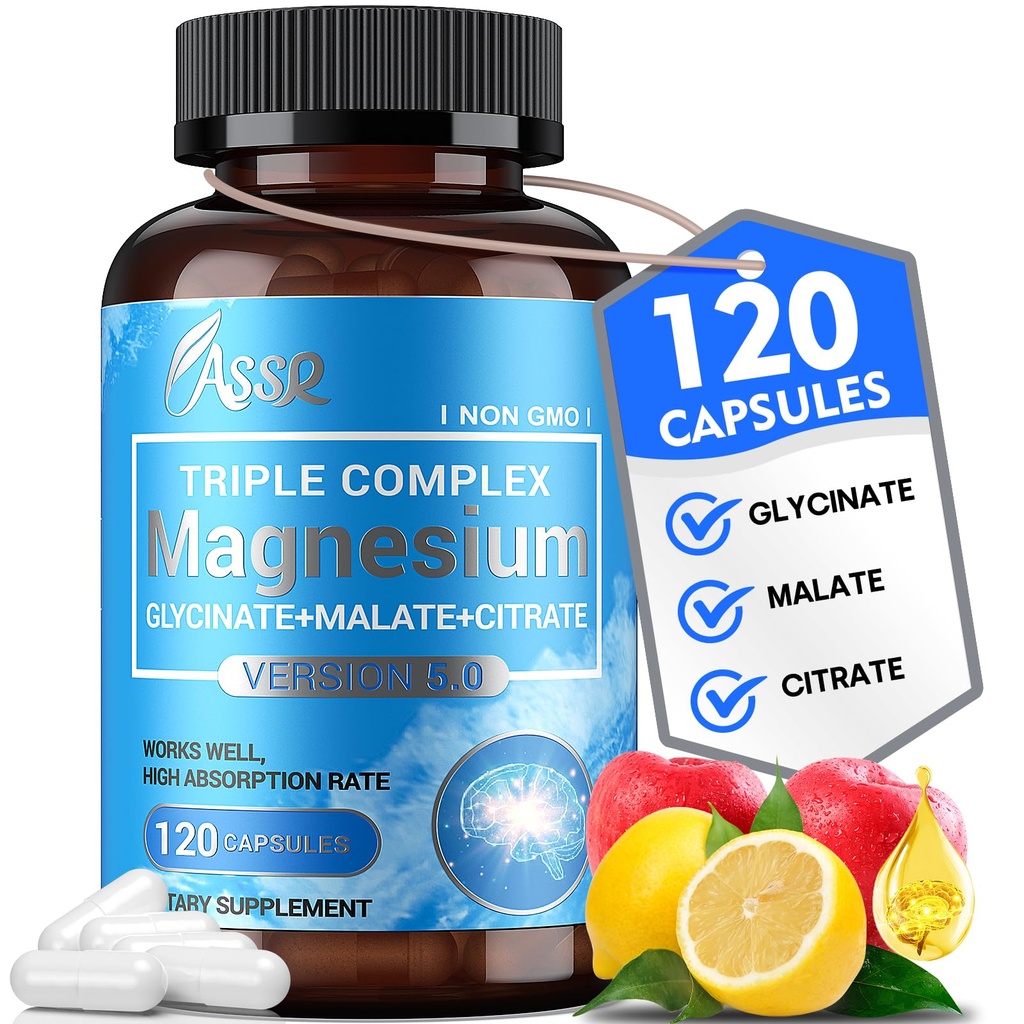 ASR Triple Magnesium Complex - 300mg Magnesium tillæg med glycinat, malat & citrat - understøtter afslapning, muskel & nerve funktion - Høj Absorption, Vegan, Non- GMO, 120 kapsler