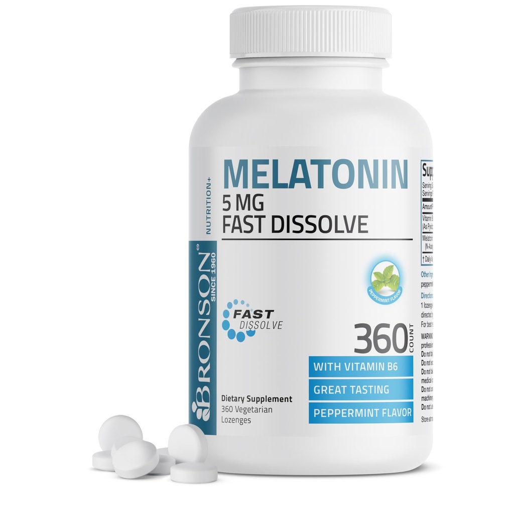 Bronson Melatonin 5mg hurtigt opløses pebermyntetabletter med vitamin B6 - fremmer afspænding, 360 Vegetarisk tyggetabletter