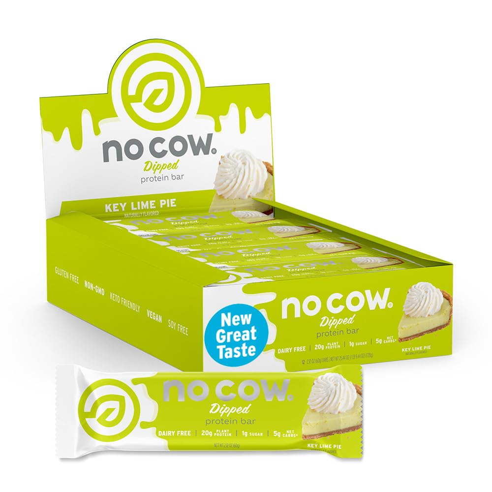 No Cow Vegan Protein Bars, Upgraded Key Lime Pie | 20g Plant Based Protein, Gluten Free, Dairy Free, Soy Free, Keto Friendly, Low Sugar, High Fiber Snack Bars | Pack of 12