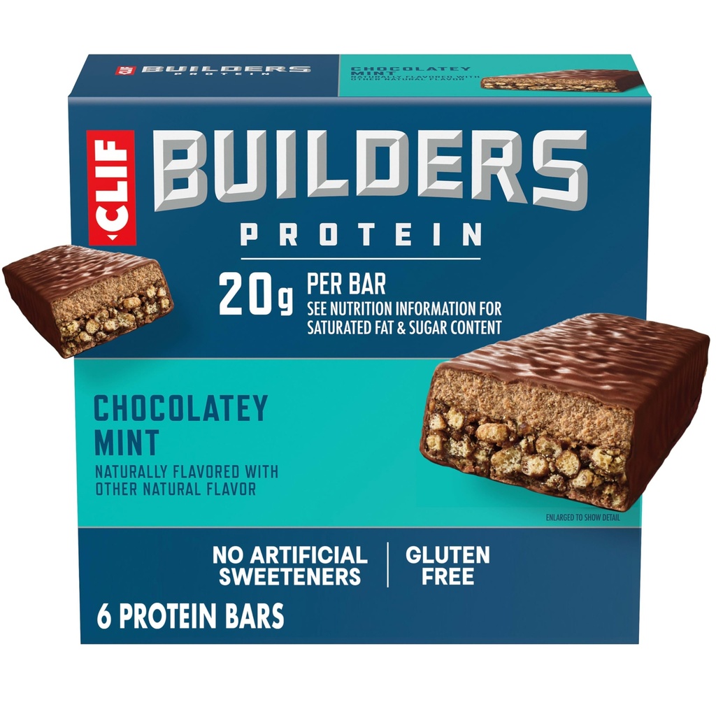 CLIF BUILDERS Protein Bars - Chocolate Mint Flavor - 20g Plant Based Protein - Gluten Free - Non-GMO - Low Glycemic - No Artificial Sweeteners - 2.4 oz. (6 Pack)