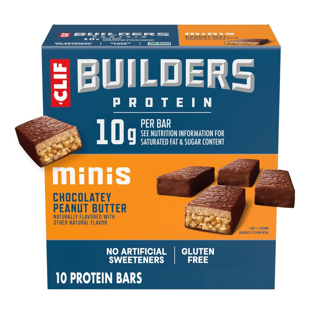 CLIF BUILDERS Minis Protein Bars - Chocolatey Peanut Butter - 10g Plant Based Protein - Gluten Free - Non-GMO - Low Glycemic - No Artificial Sweeteners - 1.2 oz. (10 Pack)