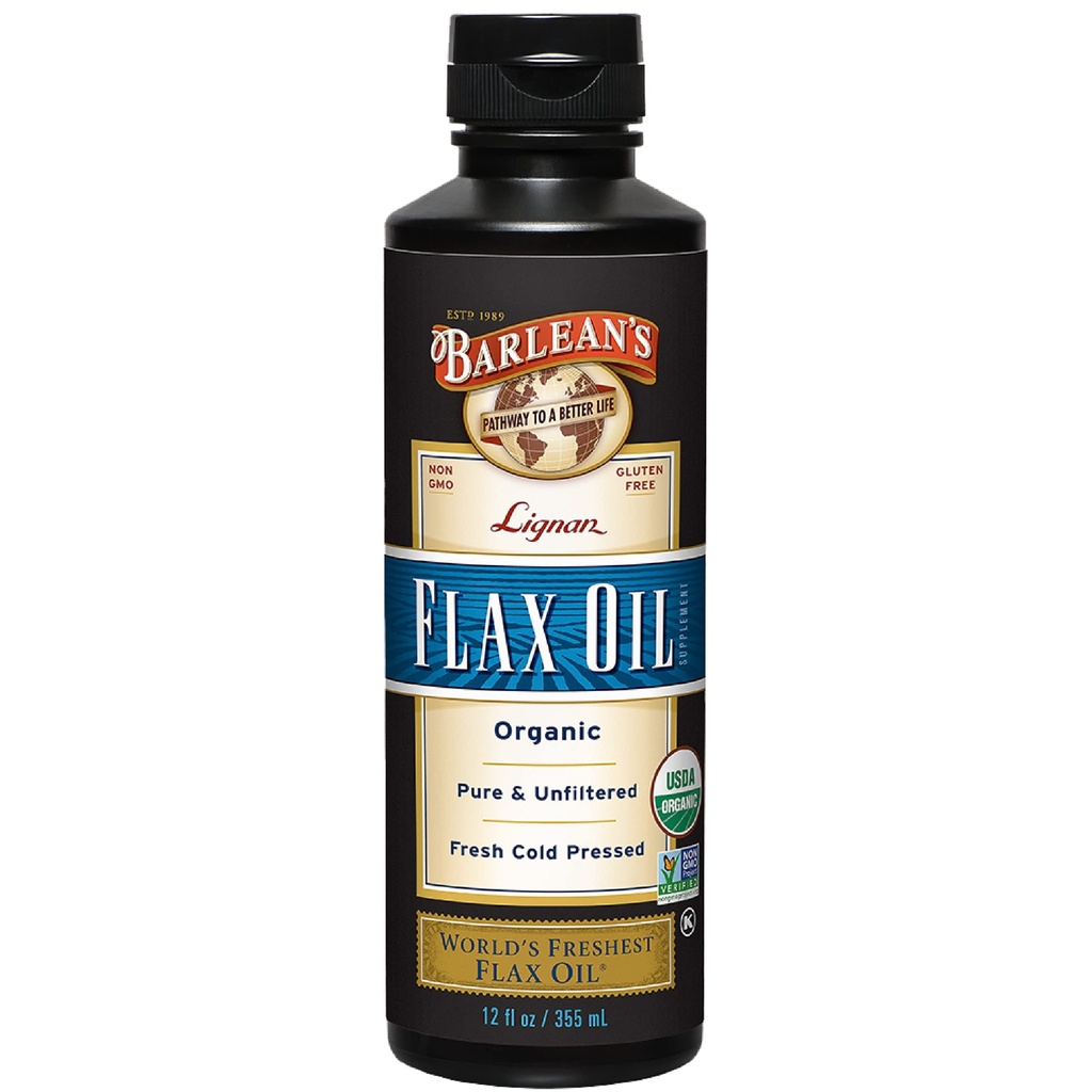 Barlean 's Organic Lignan Flaxseed Oil Liquid Supplement fra kold presset hør frø, 7,230 mg ALA Omega-3 fedtsyrer til sundt hår, hud og øjne, gluten fri, 12 oz