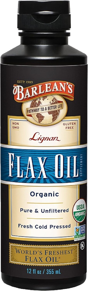 Barlean 's Organic Lignan Flaxseed Oil Liquid Supplement fra kold presset hør frø, 7,230 mg ALA Omega-3 fedtsyrer til sundt hår, hud og øjne, gluten fri, 12 oz
