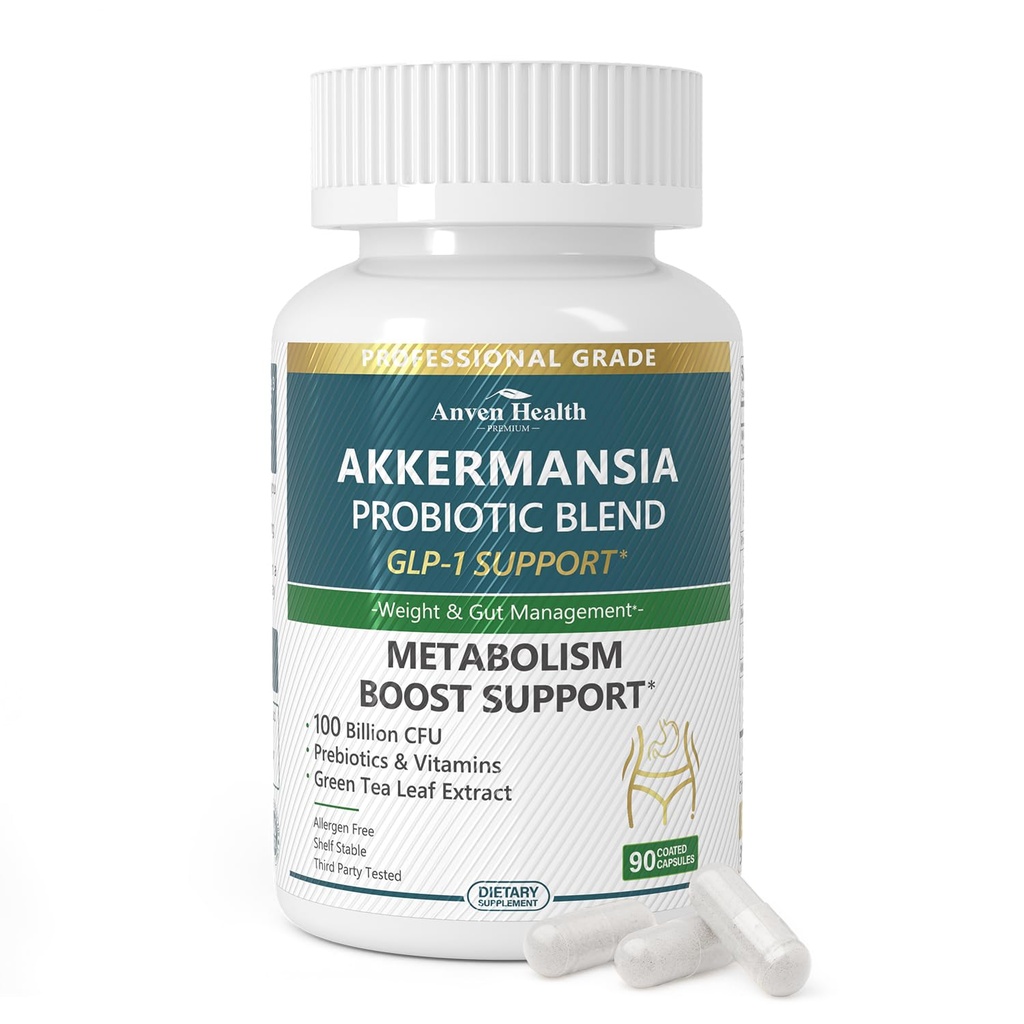 GLP-1 Supplement 100 Billion Akkermansia Probiotic & Prebiotic for Gut Health & Digestion, Metabolism & Energy Support with Vitamin B2 & D, Green Tea and Chromium - Non-GMO | 90 Capsules