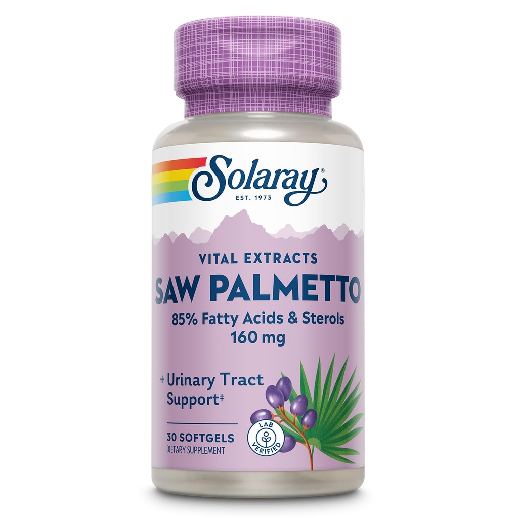 SOLARAY Saw Palmetto Extract - Prostate Health and Urinary Tract Support - 136 mg fedtsyrer og steroider - Lab Verified, 60- Day Money- Back Garanti (30 Servere, 30 Softgels)