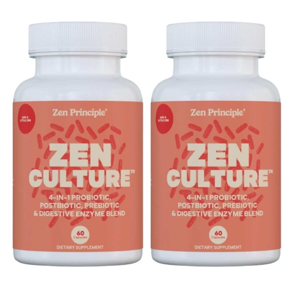 Zen Principle Zenculture™ – 4-in-1 Synbiotic Supplement (Probiotic + Prebiotic + Postbiotic + Digestive Enzymes) with CoreBiome®. Anti Bloating, Immune & Brain-Gut Health. 120 Capsules