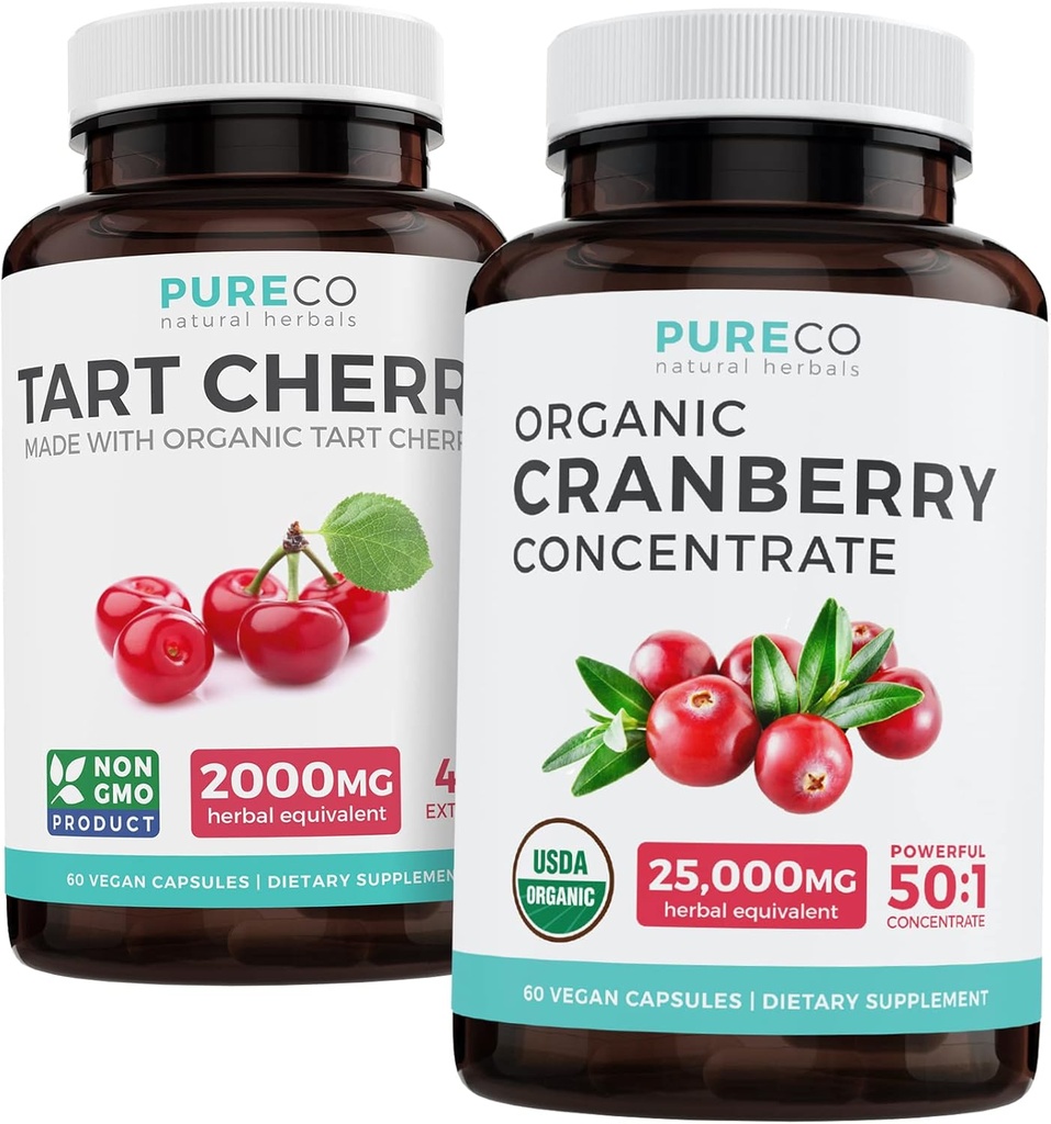 Bundle of Organic Cranberry Pills & Tart Cherry - Clean & Clear Bundle - Urinary Tract & Uric Acid Support - Organic Cranberry Pills - 50: 1 Koncentrat & Organic Tart Cherry Capsules - 4: 1 Uddrag