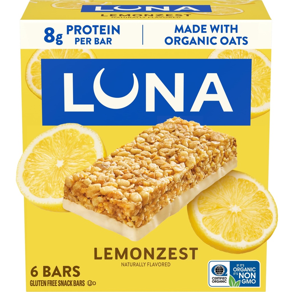 LUNA Bar - LemonZest Flavor - Gluten-Free - Non-GMO - 7-9g Protein - Made with Organic Oats - Low Glycemic - Whole Nutrition Snack Bars - 1.69 oz. (6 Pack)
