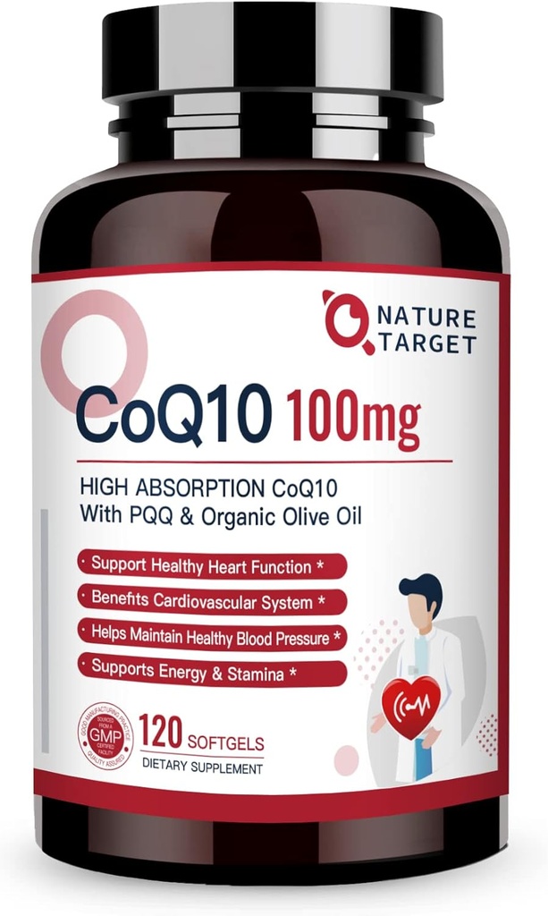 NATUR TARGET CoQ10- 100mg- Softgels med 10mg PQQ - High Absorption Coenzyme- Q10 med Organisk-Olive- Oil - Antioxidant til hjerte & hjerne sundhed, cellulose-Energi- Produktion, 120 Servering