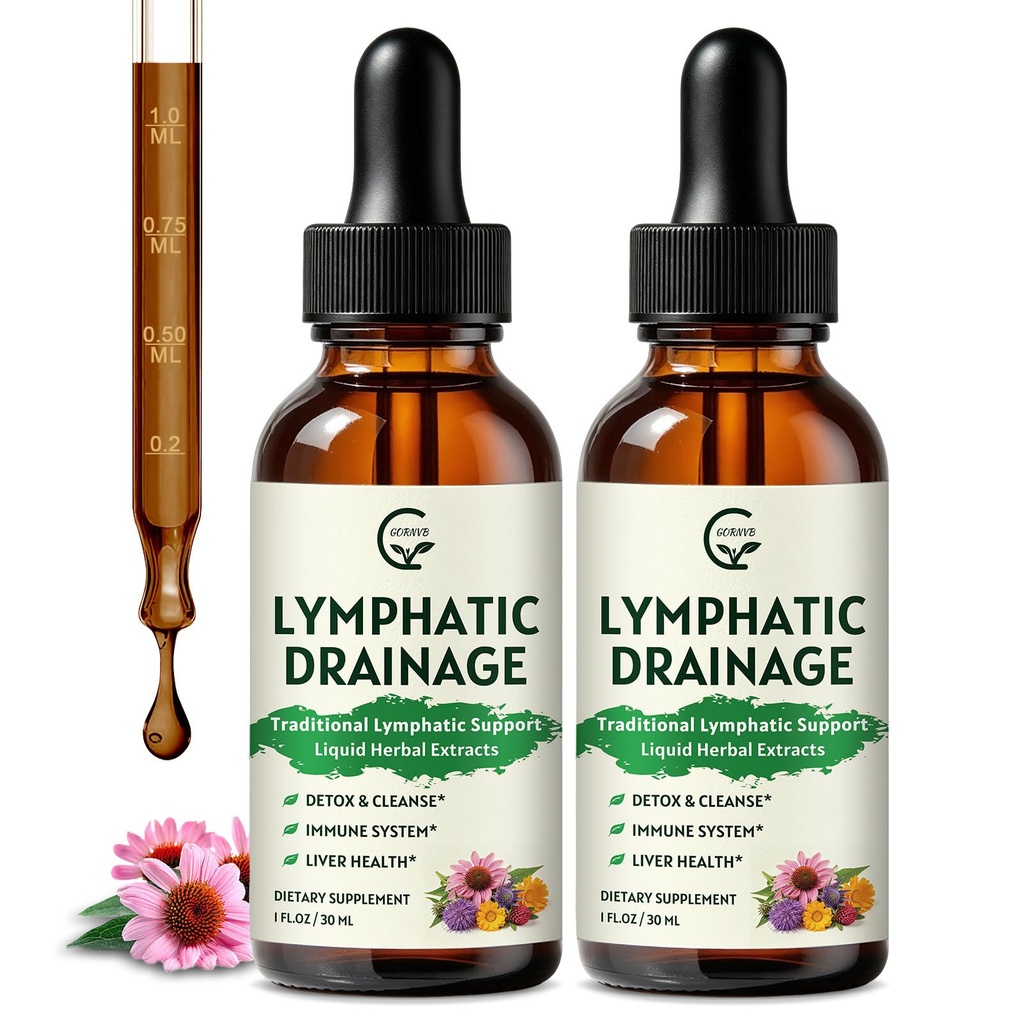 GORNVB Lymphatic Drainage Drops, Lymphatic Drainage Supplements with Echinacea, Cleavers, Dandelion, Red Clover, Horse Chestnut for Swelling Relief, Heavy Legs, Immune & Detox Support, Vegan, 2 fl oz