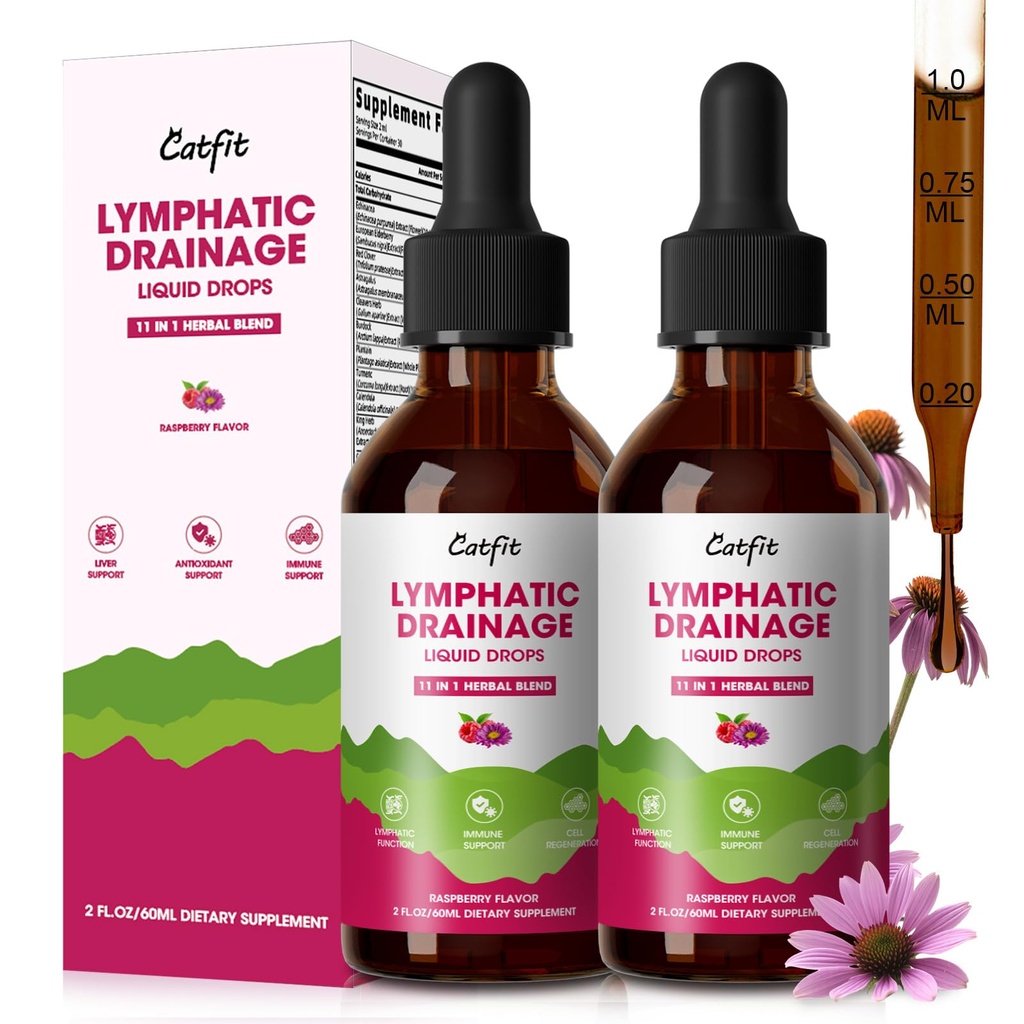 Lymphatic Drainage Supplements Drops for Immune, Lymph System Support, Cleanse & Detox, Liver Health with Echinacea,Elderberry,Cleavers Herb,Burdock, Calendula, Non-GMO, Raspberry Flavor, 4 Fl Oz