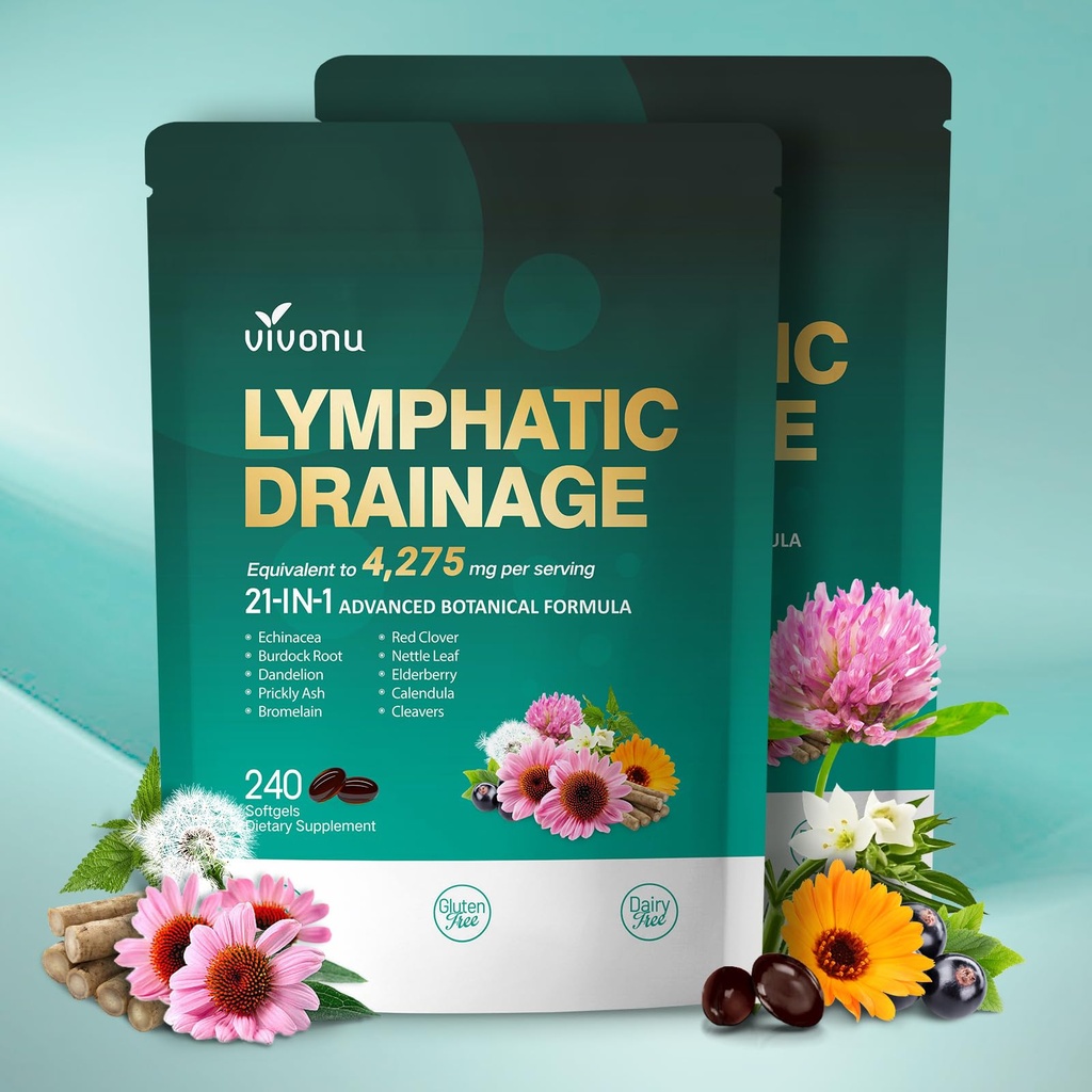 Lymphatic Drainage Supplements, 480 Softgels, Lymph System Support Supplement for Women & Men, 21-in-1 Herbal Blend with Echinacea, Dandelion, Burdock, Bromelain, Calendula, Turmeric & More, 2 Bag