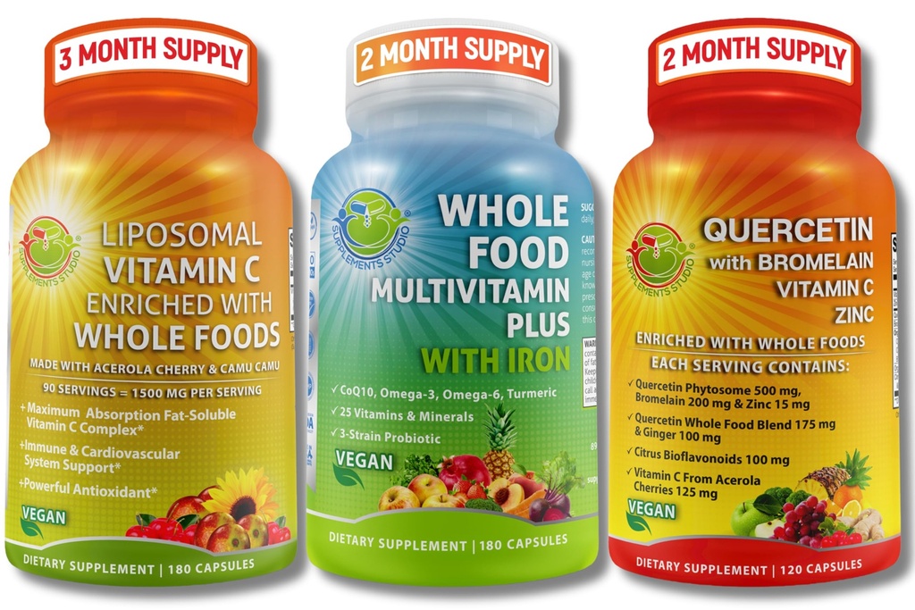 TILLÆG STUDIO Vegansk immun, energi & hele kroppen støtte Bundle - Vegansk hel mad Multivitamin med jern + Liposomal Vitamin C 1500mg + Quercetin med bromelain, zink, og C-vitamin - ikke-GMO