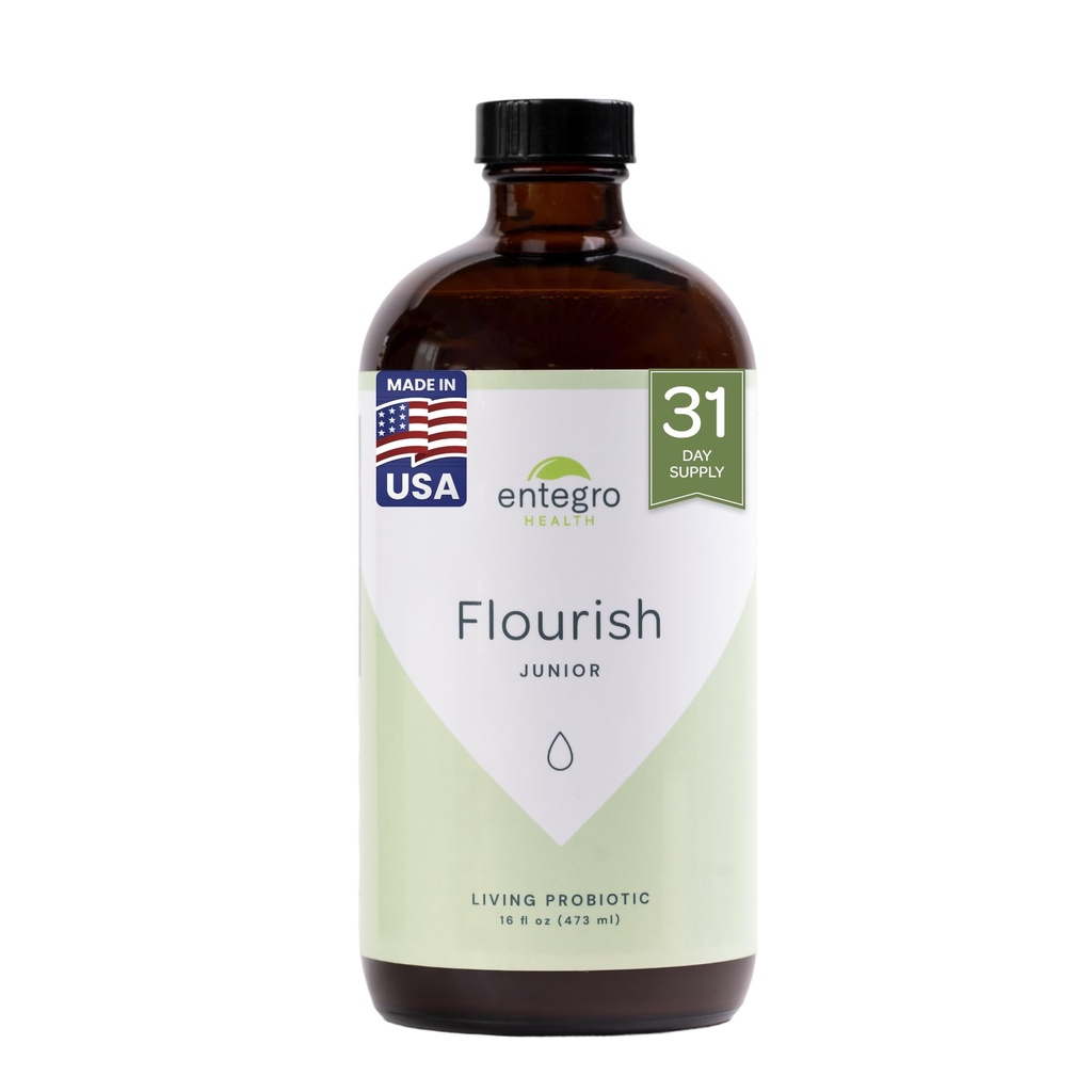 ENTEGRO Flourish Junior Liquid Probiotic & Postbiotic Supplement - Glass | 11 Live Cultures | Gut & Digestive Health for Women, Men & Kids | Organic, Vegan, Allergen Free | USA Made | 16 fl oz