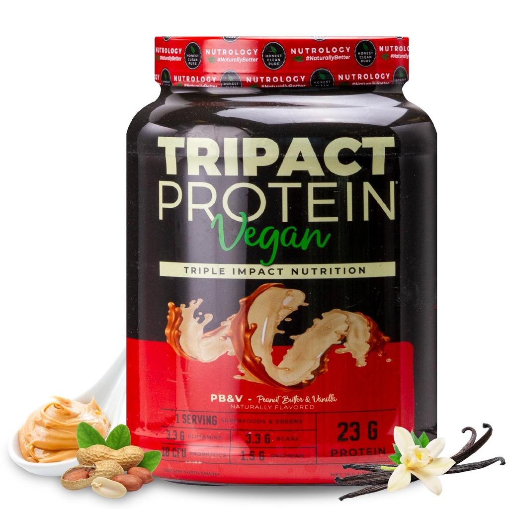 Nutrologi TRIPACT Vegan Protein Powder - Organic Pea, Rice & Pumpkin Protein, BCAA & Glutamin Plant- Based Meal Erstatning Shakes for Muscle Recovery & Immunity, Peanut Butter & Vanilla, 20 Servere