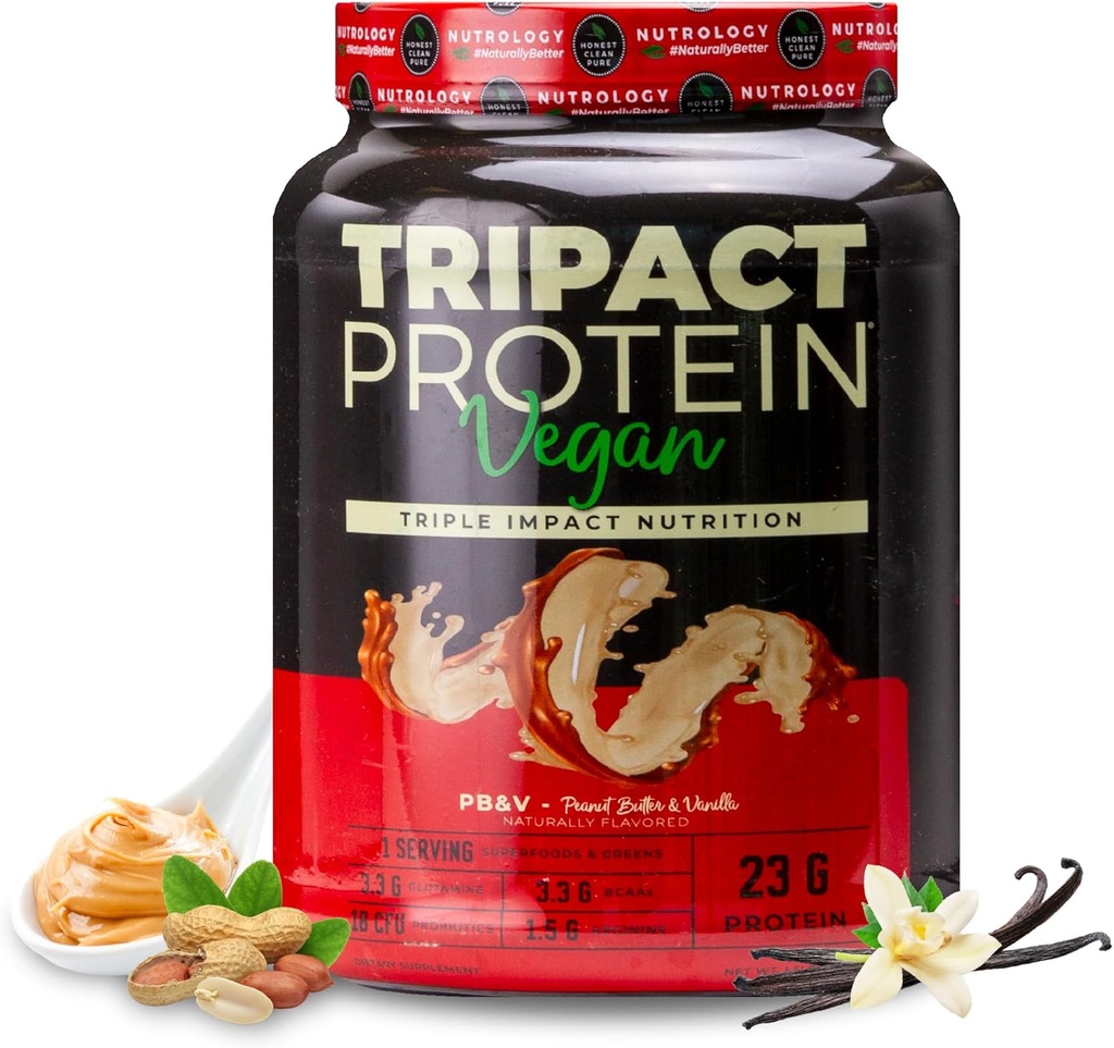 Nutrologi TRIPACT Vegan Protein Powder - Organic Pea, Rice & Pumpkin Protein, BCAA & Glutamin Plant- Based Meal Erstatning Shakes for Muscle Recovery & Immunity, Peanut Butter & Vanilla, 20 Servere