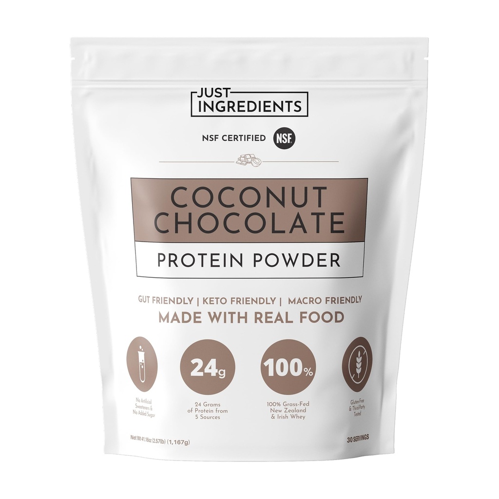 JUST INGREDIENTS Coconut Chocolate Protein Powder – 30-Serving Blend with 100% Grass-Fed Whey & Organic Plant Proteins – Creamy Coconut Cocoa Flavor – Supports Muscle Recovery, Energy*