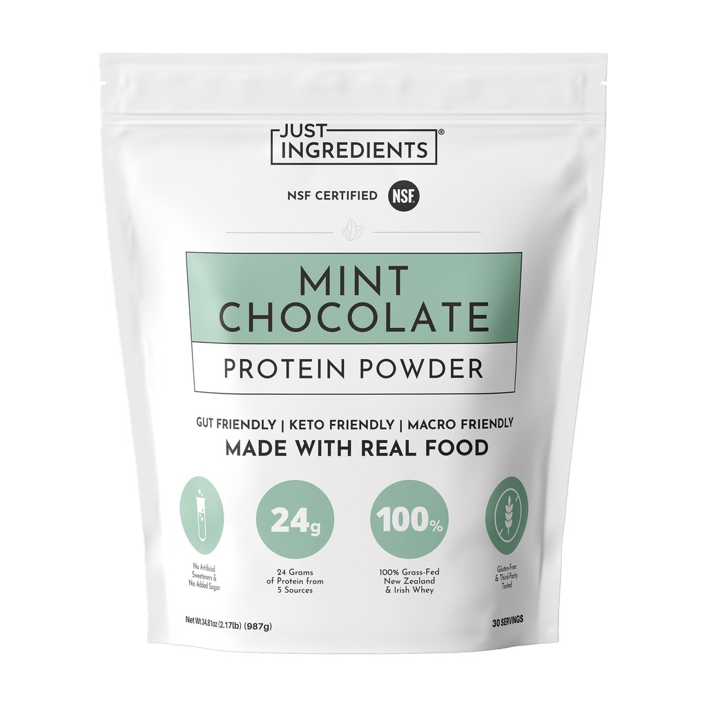 JUST INGREDIENTS Mint Chocolate Protein Powder | 30 Servings | 24g Grass-Fed New Zealand and Irish Whey + 4 Additional Protein Sources | No Added Sugar | No Synthetic Gums or Fillers