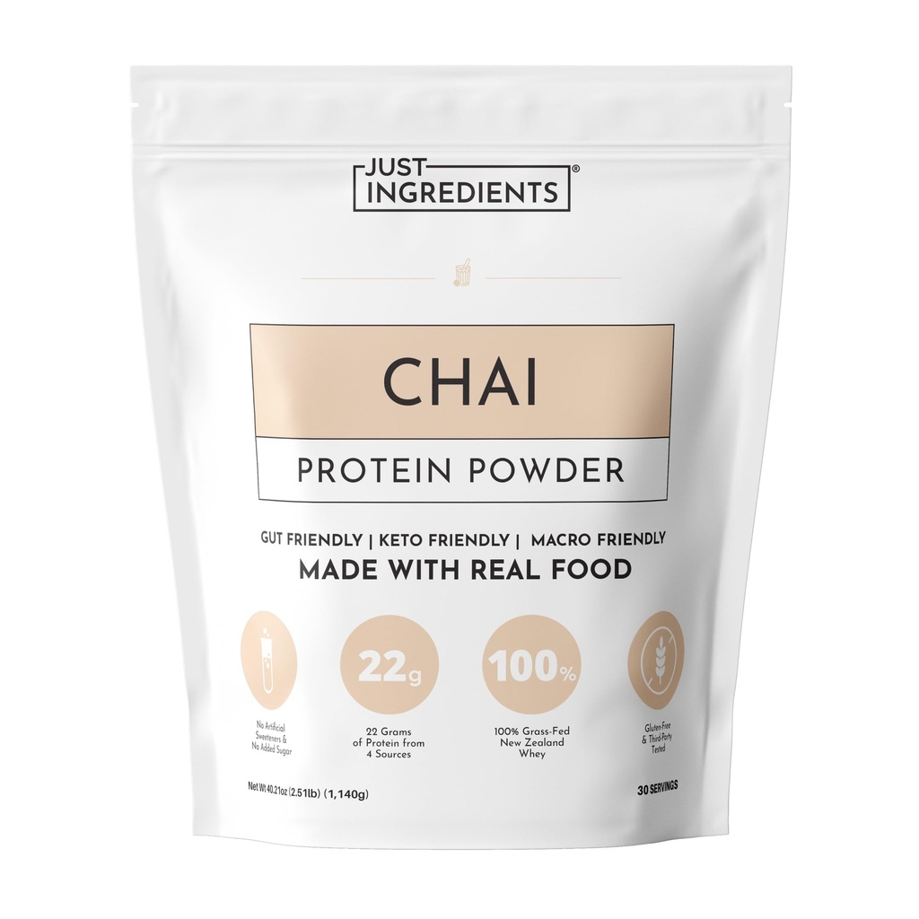 JUST INGREDIENTS Chai Protein Powder – 30-Serving Blend with 100% Grass-Fed Whey & Organic Plant Proteins – Warm Spice Flavor with Cinnamon, Ginger & Cardamom – Supports Muscle Recovery, Energy*