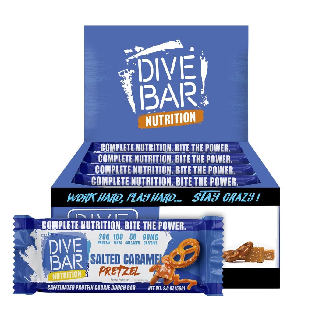 Dive Bar Nutrition Protein Bars | 20g Protein, 10g Fiber + Collagen | 90mg Caffeine Energy Snack | 12 Count (Salted Caramel Pretzel)