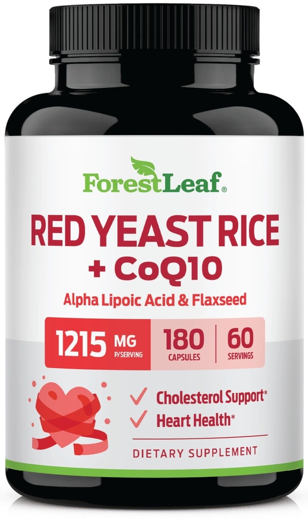 ForestLeaf Red Gær Rice med CoQ10 Supplement - 1215mg Extra Strength Red Gær Rice Kapsler med Alpha Lipoic Acid & Organic Flaxseed, Citrinfri - 180 Kapsler