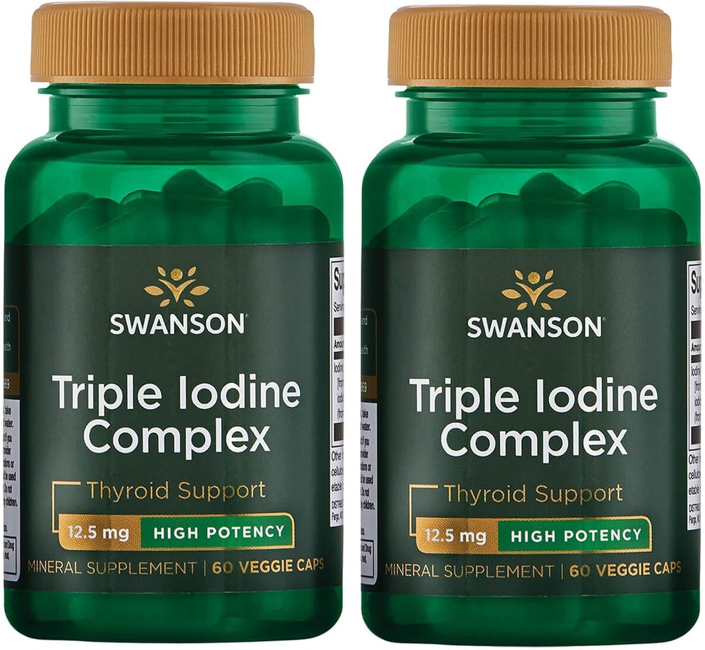 Swanson Triple Jod Complex- Natural Supplement for Vital Thyroid Support- Promodes Metabolic Function, Øget produktion af røde blodceller, & Heart Health- (60 Veggie kapsler, 12, 5 mg hver) 2 Pack
