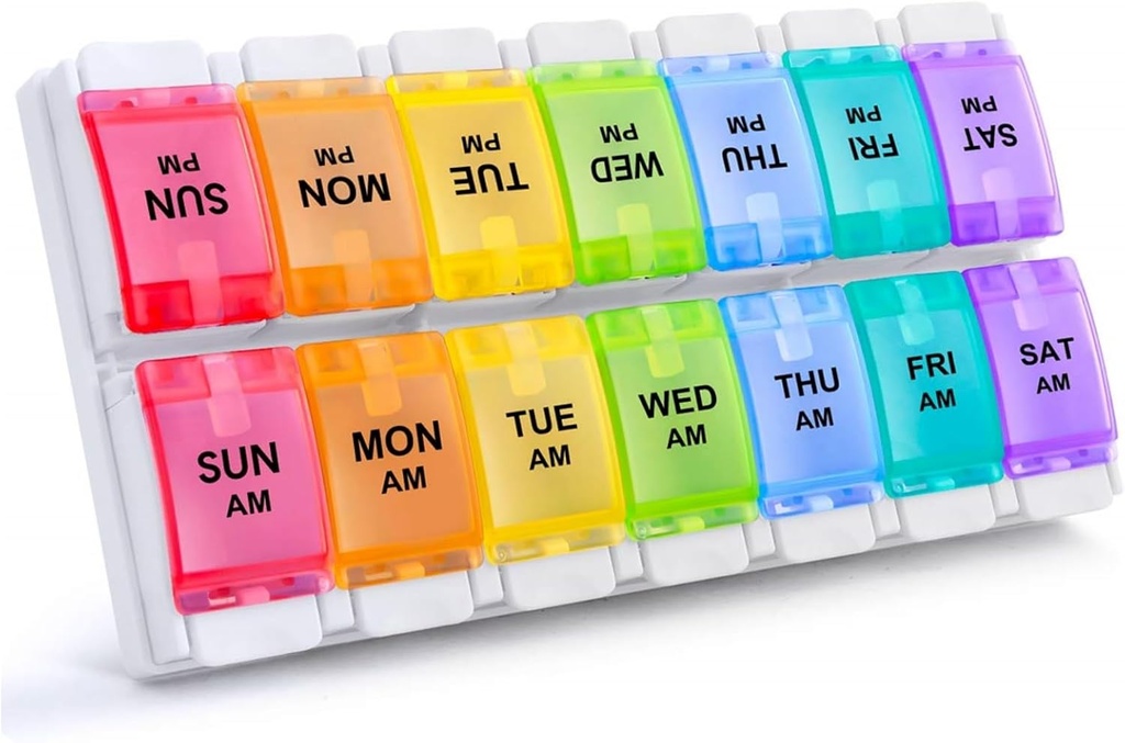 Sukuos AM PM Weekly Pill Organizer 2 gange en dag, Stor daglig Pill Box sag 7 dag med nem trykknap design, Aftagelig medicin Holder for Vitamin / Fish Oil / Kosttilskud (Rainbow)