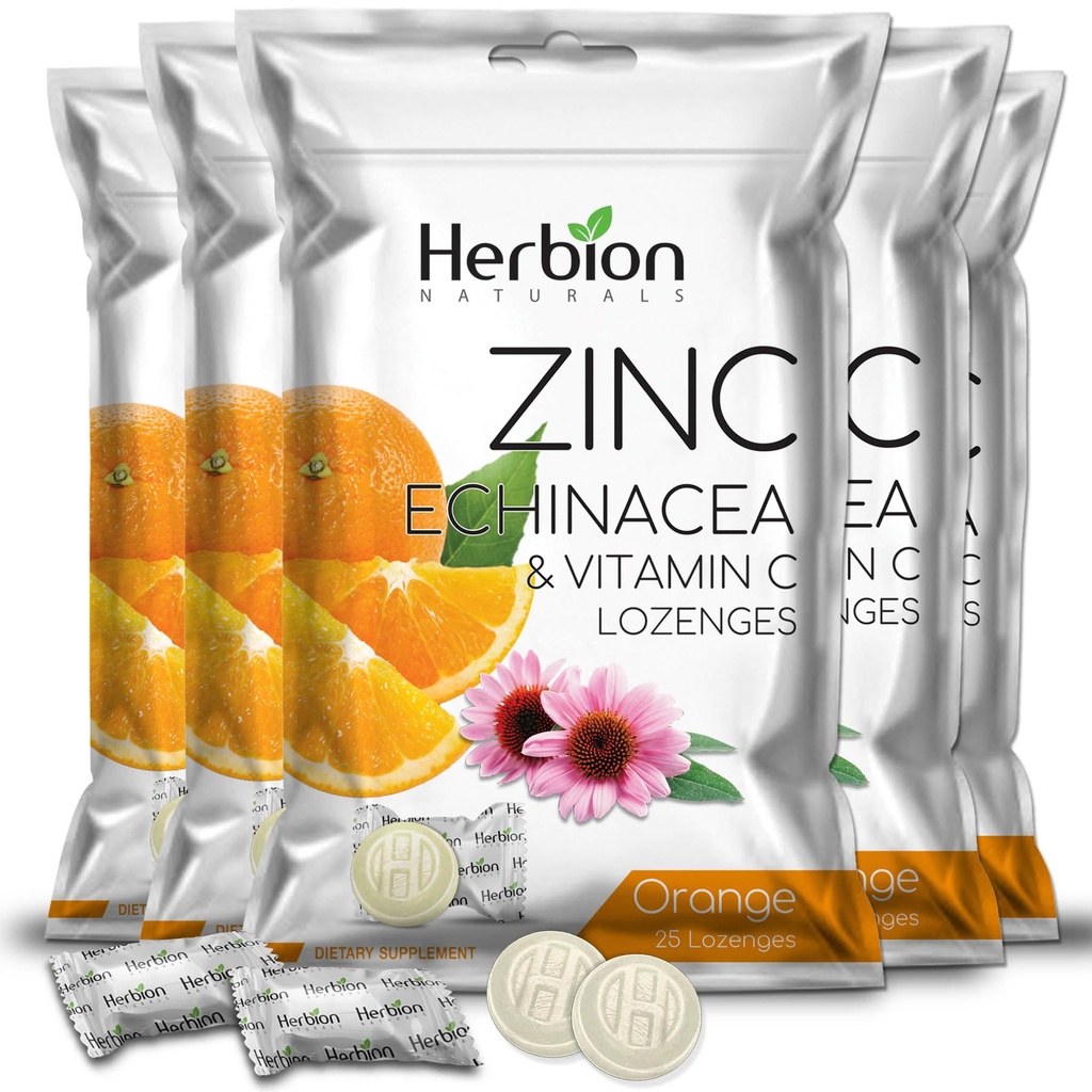 HERBION Naturals Zinc, Echinacea & Vitamin C Lozenges 25 CT, Dietary Supplement for Adults & Children 5+, Promotes Wellness for the Whole Family, 125 Count, Orange, Pack of 5