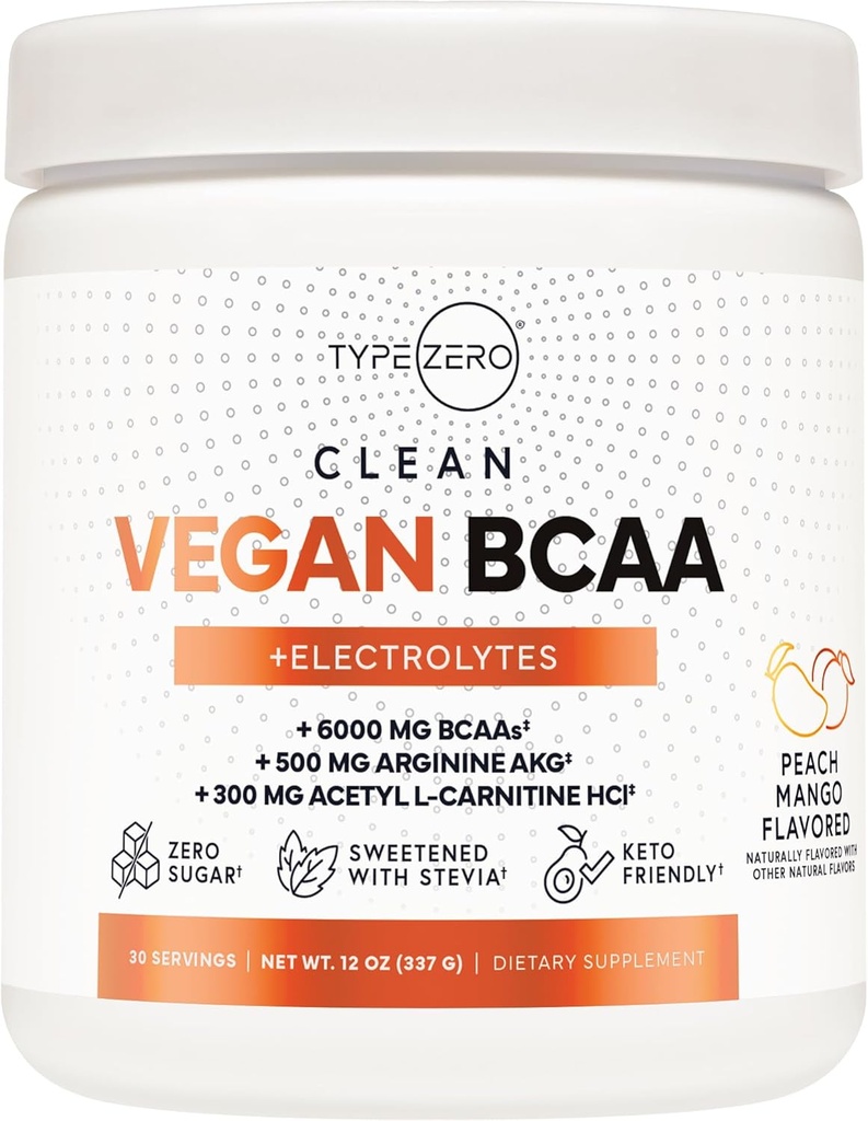 Ultra Clean Vegan BCAA Powder + Electrolytes (Peach Mango; 124; 6G) 2: 1: 1 Sugar- Free / No Sucralose BCAAs Aminosyrer Supplement for kvinder / mænd - Bedste BCAA Vegan Aminosyrer efter indlæg træning Inddrivelse drik